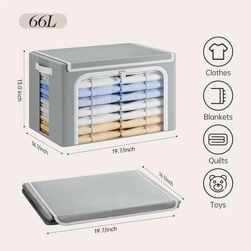 Yecaye Large Clothes Storage Bins with Metal Frame, Grey, 66L, 3 Pack - Image 2