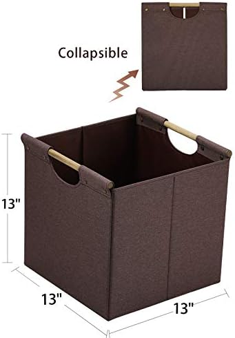 HOONEX Collapsible Storage Bins, 13x13x13 Inches Storage Cubes Linen Fabric, 3 Pack, Storage Baskets with Wooden Carry Handles and Sturdy Heavy Cardboard, for Home, Office, Car, Nursery, Brown - Image 3