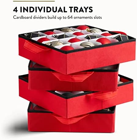 ZOBER Christmas Ornament Storage Box - Stores 64 Ornaments - Non-Woven, Tear- Proof Christmas Ornament Storage Containers - 3 Inch Cube Compartments - Red (Pack of 2) - Image 3