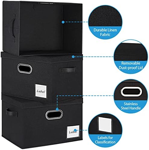 LHZK Extra Large Storage Bins with Lids 6 Pack, Foldable Linen Fabric Storage Boxes with Lids, Sturdy Fabric Storage Bins with Label & 3 Handles for Shelves Bedroom Home Office (Black, Extra Large) - Image 7