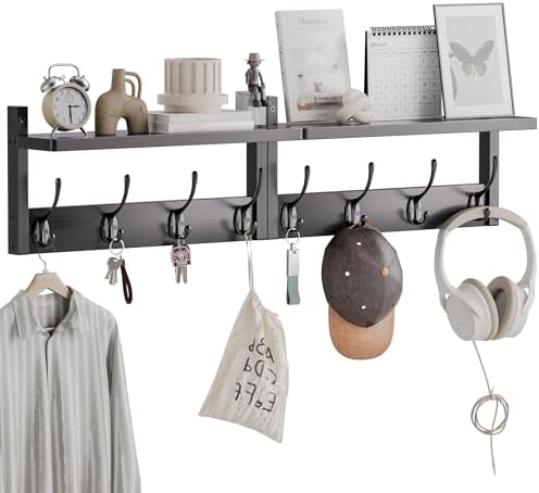 STELLSTAR Coat Rack with Shelf, 2 Pack Bamboo Wall-Mounted Coat Hanger with 8 Hooks for Entryway, Hallway, Kitchen, Bathroom, Living Room, Utility Room (Black) by STELLSTAR