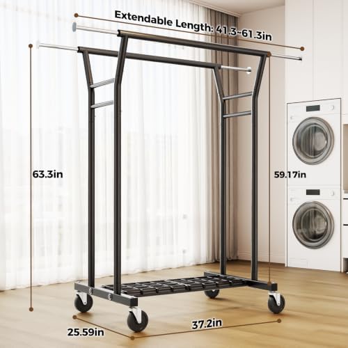 HYSEYY Heavy Duty Clothes Rack, Rolling Clothing Rack for Hanging Clothes with Shelves Load 700LBS,Portable Garment Wardrobe Closet Rack with Wheels for Bedroom,Laundry Room,Retail Store,Black - Image 5