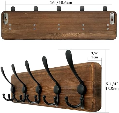 WEBI Rustic Coat Rack Wall Mounted,Wood Coat Hanger Wall,5 Coat Hooks,16" Hole to Hole,Hook Rack Rail,5 Triple Hooks for Hanging Jacket,Clothes,Hats,Entryway,Brown,2 Packs - Image 3