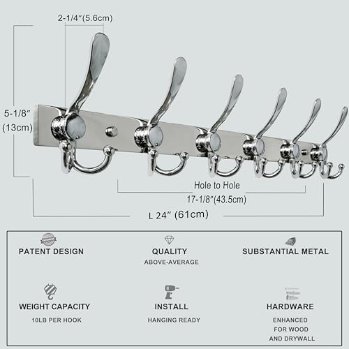 Dseap Coat Rack Wall Mount 24 Inch, Heavy Duty 12-Gauge Base vs Flimsy 1mm, Double-Thick Solid Anti-Snap Hooks, Stainless Steel 6-Hook Hanger for Clothes Hat Closet Entryway, Chromed, Pack of 2 - Image 3