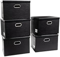 PRANDOM Large Stackable Storage Boxes with Lids [5-Pack] Leather Fabric Foldable Storage Bins Organizer Containers Baskets Cubes with Cover for Bedroom Closet Office Nursery Black(17.7x11.8x11.8) by Prandom