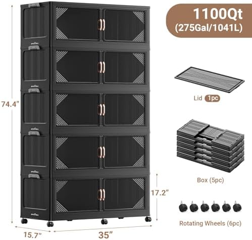 BROVIEW V60 1100QT Plastic Stackable Storage Bins with Lid, 5Pack Black - Image 2