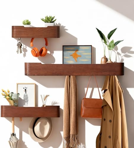 Coat Rack Wall Mount with Shelf Entryway Shelf Modern Key Holder Hanger Wall Shelves with Hidden Hooks for Hanging Towels Coats Hats Bags for Hallway Bathroom Bedroom (Walnut Color, 8 Hooks) - Image 3