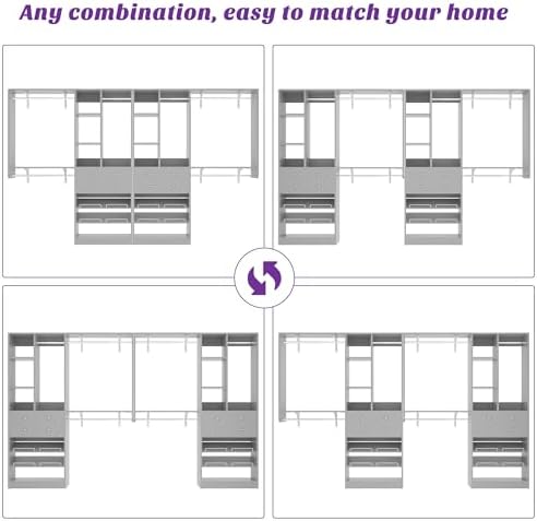 [10 FT Closet System] 120 Inch Reversible Set of 2 Wood Closet Organizer System with 4 Drawers, 6 Hanging Rods Adjustable Shelf, Shoe Rack, Morandi Grey - Image 4