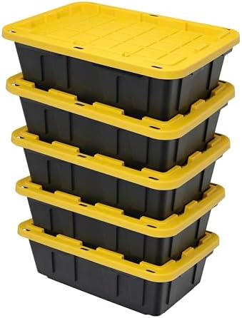 CX Heavy Duty 15-Gallon Stackable Plastic Storage Bins with Lids, 5 Pack by BLACKYELLOW