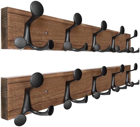 SKOLOO 24-Inch Wood Coat Rack Wall Mount with 5 Triple Hooks - Ideal for Family Entrances, Classrooms, and Pet Supplies Storage - Perfect Coat Hooks for Wall,Charred Golden Brown, Pack of 2 by SKOLOO