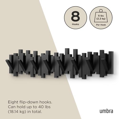 Umbra Sticks Wall Coat Rack, Wall Mount 8 Retractable Hooks, Black - Image 5