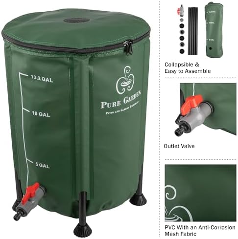 Rain Barrel - 13.2-Gallon/50-Liter Collapsible Water Container for Catching Rainwater - Portable Water Tank with Outflow Valve by Pure Garden (Green) - Image 3