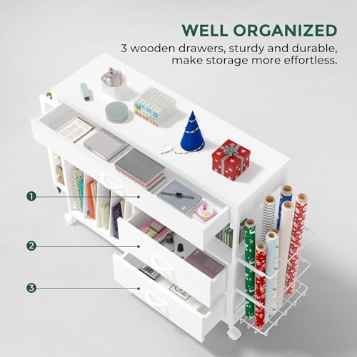 Wrapping Paper Storage & Organizer, Craft Cart with Ribbon & Gift Bag Storage, Wrapping Paper Organizer Holder(3 Wooden Drawers-White) - Image 3