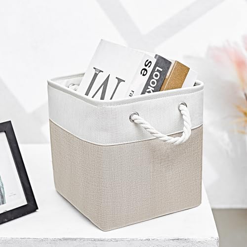 Fabric Storage Cubes 13 x 13, Collapsible Storage Bins for Shelf Baskets, Cube Storage Organizer White Beige Bins with Cotton Handles,Foldable Storage Bin box,Cube Storage Bin 6 Pack - Image 5