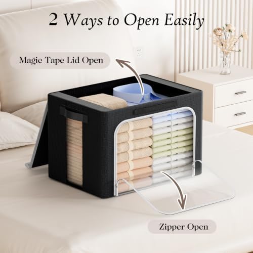 Yecaye Large Clothes Storage Bins with Metal Frame, 66L, 3 Pack, Black - Image 4
