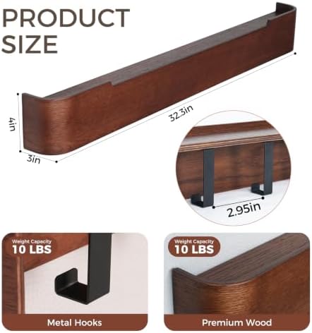 Coat Rack Wall Mount with Shelf Entryway Shelf Modern Key Holder Hanger Wall Shelves with Hidden Hooks for Hanging Towels Coats Hats Bags for Hallway Bathroom Bedroom (Walnut Color, 8 Hooks) - Image 2