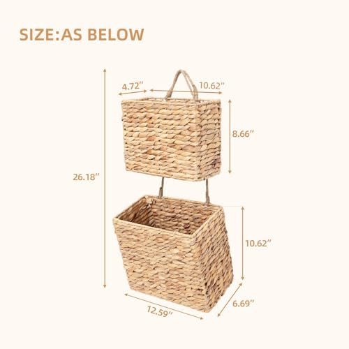 YAHUAN Woven Water Hyacinth Hanging Basket 2-Tiered Rectangular Storage Baskets Over the Door Organizer Hanging Organizer Hanging Wall Basket for Home,Kitchen,Garden, Office (Rectangular) - Image 2