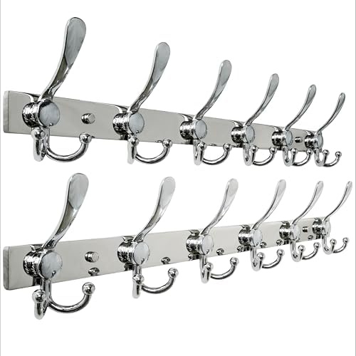 Dseap Coat Rack Wall Mount 24 Inch, Heavy Duty 12-Gauge Base vs Flimsy 1mm, Double-Thick Solid Anti-Snap Hooks, Stainless Steel 6-Hook Hanger for Clothes Hat Closet Entryway, Chromed, Pack of 2 by Dseap