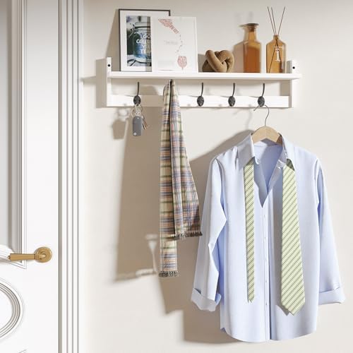 BAMEOS Wall-Mounted Wood Shelf with 5 Dual Hooks for Bathroom, Living Room, Bedroom (White-with Shelf) - Image 2