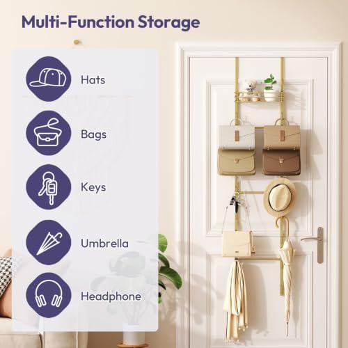 SWTYMIKI Over the Door Purse Organizer - Wall Mounted Handbag Organizer with 16 Hooks and Metal Basket, Hanging Purse Storage Rack Holds up to 16 Bags, Bag Rack Can Use As 1/2 Part, for Door, Closet - Image 2