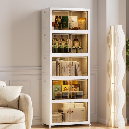 SAILUN 825QT/206Gal Stackable Storage Bins with a Lid, Collapsible Storage Bins With Doors, Folding Cabinet for Home Closet Organization,5 Pack-30 W x 19.7" D x 80.9" H White by SAILUN