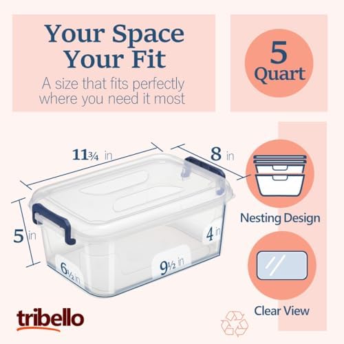 Tribello Small Storage Bins with Lids, 6-Pack Stackable Plastic Containers for Home Organization – Clear Totes for Closet and Underbed Storage, 5 Quarts - Image 3