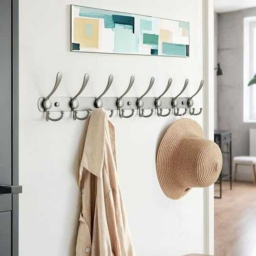 Dseap Coat Rack Wall Mount - 29.5” Long 8-Tri-Hooks Heavy Duty Coat Hanger Rail Wall Hooks for Hanging Coats Hats Clothing Clothes Purse Mudroom Entryway, Gray, Pack of 2 - Image 3