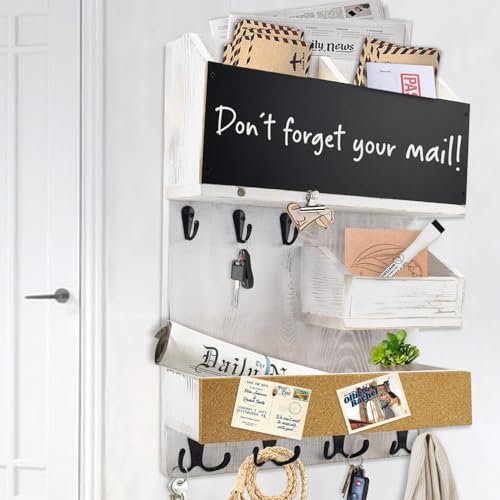 Mail Organizer Wall Mounted with Key Holder, Shelf, Ivory White by HEKOOLA