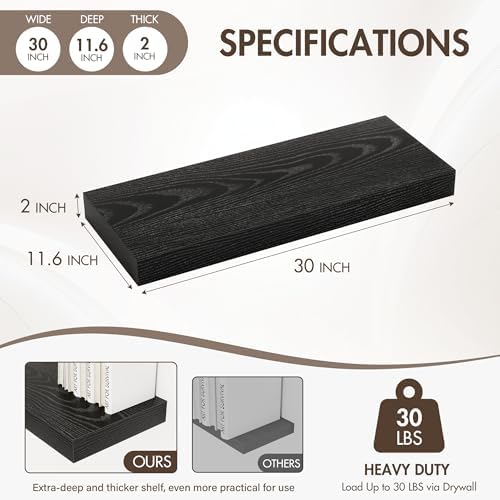 Acovy 30 Inch Floating Shelves, 12" Deep Floating Shelf Wall Mounted, 30" Wall Shelves, Rustic Deep Bookshelf, Extra Deeper & Thicker Display Shelves for Bedroom, Living Room, Black, Set of 2 - Image 4