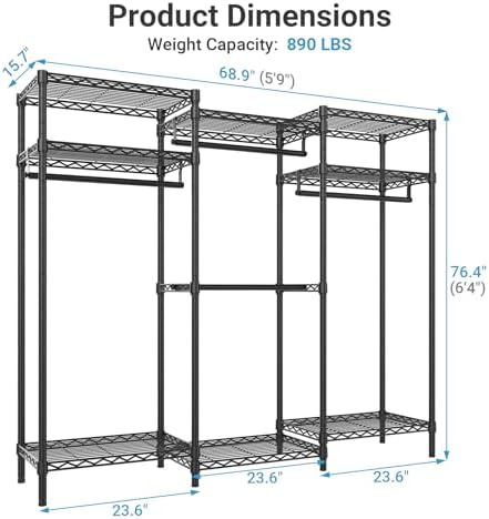 VIPEK V5i Garment Rack Heavy Duty Clothes Rack for Hanging Clothes, Portable Wardrobe Closet Freestanding Clothing Rack with 8 Adjustable Shelves & 4 Hang Rods, 68.9" L x 15.7" W x 76.4" H, Black - Image 6