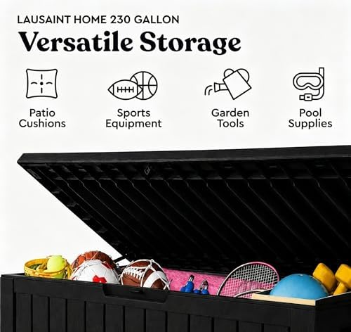 LAUSAINT HOME 230 Gallon Resin Deck Box, Package Delivery Box with Lockable Lid, Waterproof Outdoor Storage Box For Garden Tools, Patio Cushions(230 Gallon,Black) - Image 3