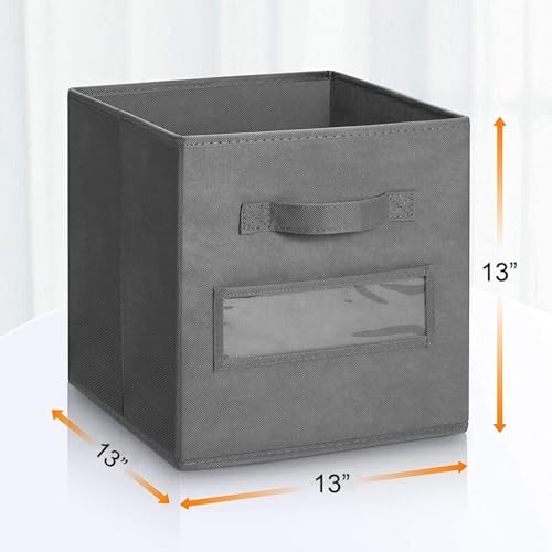 13x13x13 storage cube bins (Set of 10) Fabric storage cubes with 10 Labels Window Cards & a Pen, storage cubes 13x13, Collapsible 13 inch cube storage bins, Cubby Organizer Boxes, Gray - Image 3