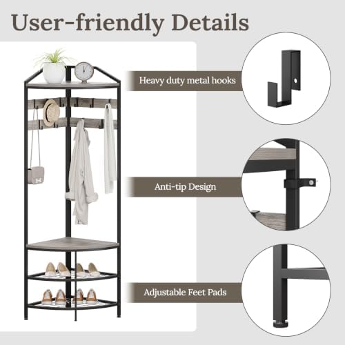 GiftGo Grey Corner Hall Tree with Shoe Bench Entryway Coat Rack with 10 Metal Movable Hooks Rustic Farmhouse Floorstanding Clothes Rack Shoes Shelf Organizer for Home Office Bedroom (Greige) - Image 5