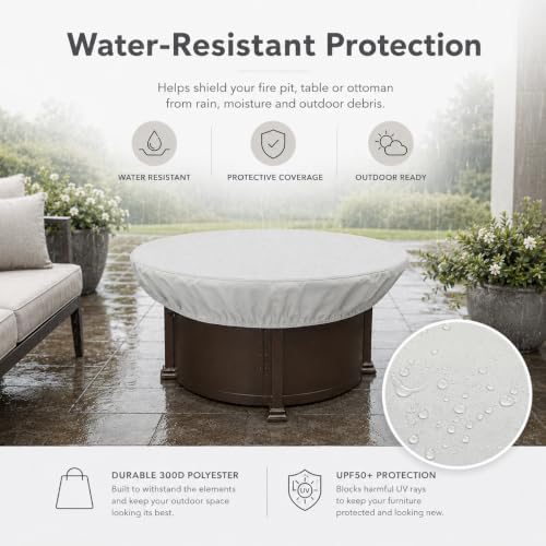 Treasure Garden Round Fire Pit Cover, 300D Polyester Outdoor Table & Ottoman Cover, Water Resistant, UPF50+ UV Protection, Elastic Hem, Spring Cinch Lock, Built-In Storage Pouch, Gray, 55 in - Image 3