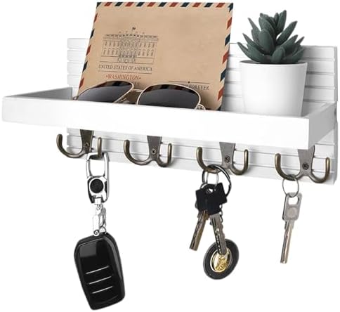 Key Holder for Wall, Wooden Key Hooks Wall Mounted with 8 Hooks, Rack with Storage Shelf for Mail, Phone, Small Decor, Ideal for Entryway, Office, Hallway, White by FESSOSKO