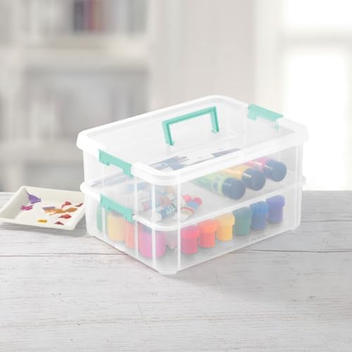 Sterilite 8-Pack Stack & Carry, 2 Layer Handle Box for Home & Office Storage - Clear Base & Lid with Color Latches, Organizer for Art & Craft Supplies, Sewing Tools or 8.5" x 11" Paper - Image 6