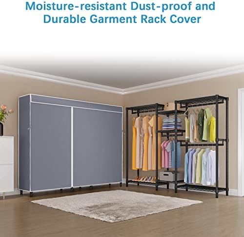 VIPEK Classic V6C Heavy Duty Covered Clothes Rack Portable Wardrobe Closet, 5 Tiers Wire Garment Rack Black Metal Clothing Rack with Grey Oxford Cover, 70.1" L x 17.3" W x 76.4" H, Max Load 870 LBS - Image 3