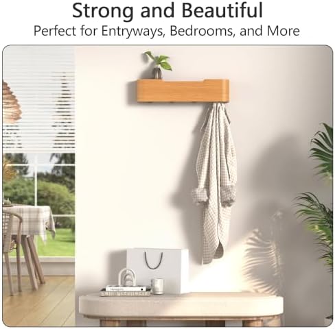 Coat Rack Wall Mount with Hidden Hooks Modern Key Holder Wood Entryway Hook with Shelf for Bedroom Kitchen Hallway Bathroom Designed for Hanging Coats Hats Bags Towels Dog Leashe(Oak,4 Hooks) - Image 5