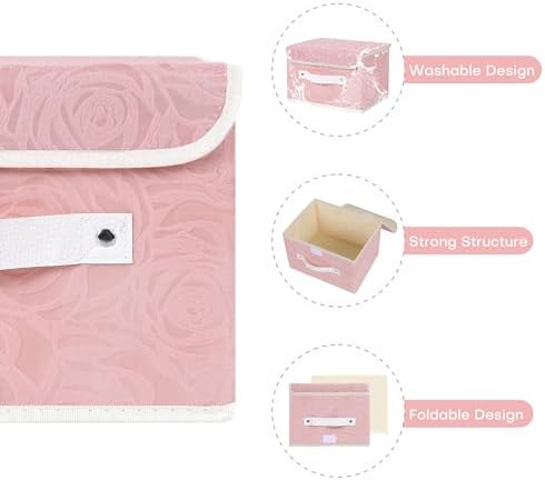 ANMINY Fabric Storage Box Bins with Lids, Rose Print, Pink, 4PCS Medium - Image 3