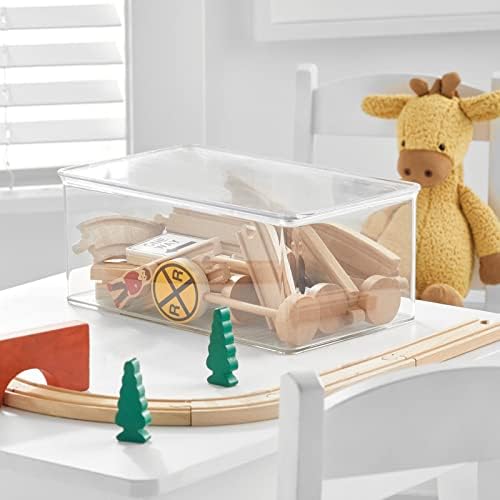 mDesign Plastic Stackable Toy Storage Bin Container Box with Hinge Lid for Organizing Living Room, Play Room, Bedroom, Nursery, Hold Blocks, Puzzles, Books, Lumiere Collection, 2 Pack - Clear - Image 2