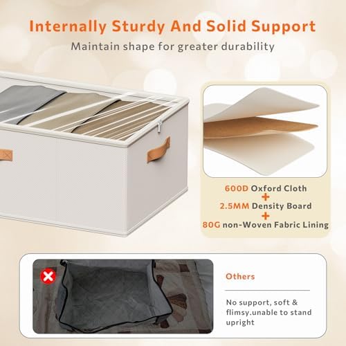 10inch 3 Pack Under Bed Storage Containers, 10 Inch Tall Underbed Clothes Storage Organizer Bin with Clear Window，Foldable Box Basket for Clothes, Closet, Bed Sheets and Blankets White - Image 4