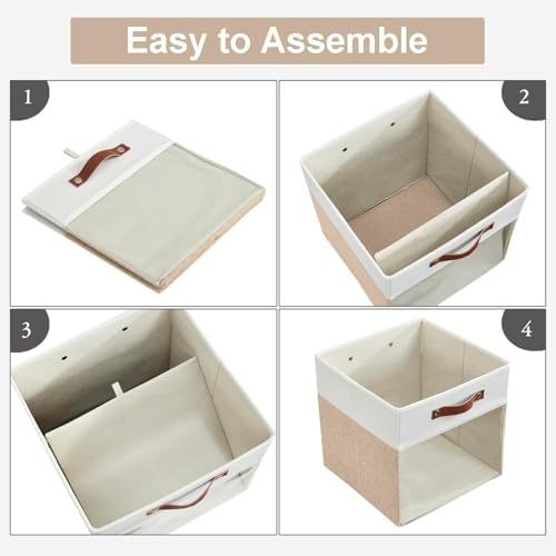 Bagnizer Storage Cubes, 4 Pack Linen Foldable Storage Bins with Clear Window and 2 Handles, 13x15x13 Storage Cube Bins for Shelf Closet, Kallax, Clothes, Books - (Beige / Off-White) - Image 4