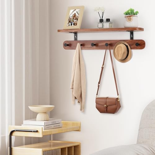Coat Rack Wall Mount with Shelf, 22" Walnut Wood Wall Shelf with Hooks, Entryway Floating Coat Rack with 6 Metal Hangers for Coats, Backpacks, Living Room, Bedroom, Bathroom (Brown-22'' L) - Image 6