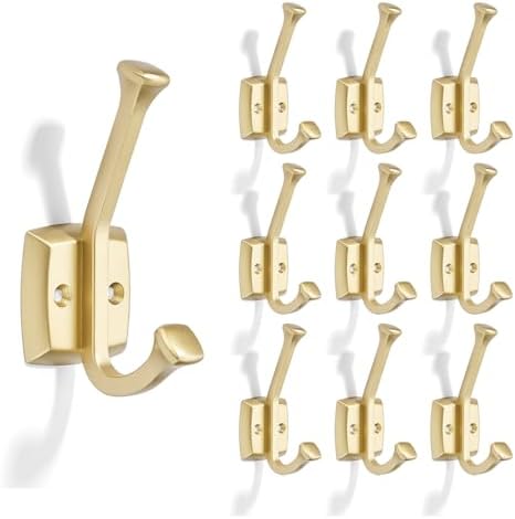 10 Pack 4-3/4 inch Brushed Brass Coat Hooks, Wall Mounted with Screws Suitable for Hanging Keys, Bath Towel, Bags, Hats, etc. Square Zinc Alloy Brushed Gold mudroom Hooks by CABDM