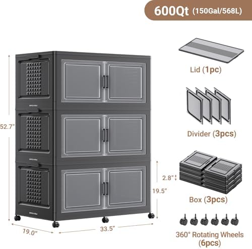 BROVIEW 600 Qt Stackable Storage Bins Foldable Cabinet, V40 Black 3-Pack - Image 2