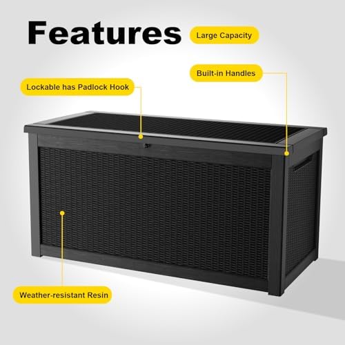 Outdoor Waterproof Resin Storage Deck Box Lockable Outside Bench UV Resistant Bin Patio Porch Furniture Pool Float Garden Tool Cushion (Black, 320 Gallon) - Image 5