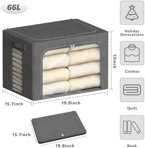 4 Pack Clothes Storage Bins with Metal Frame - 66L Stackable Storage Box with Lid，Foldable Storage Container Organizer for Clothes，Linen Fabric Storage Box with Clear Window＆Zippers＆Handles - Image 4