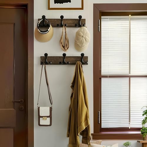 WEBI Coat Rack Wall Mount,17" Solid Wood Coat Hooks Wall Mounted Coat Hanger,16" Hole to Hole,Heavy Duty Hook Rack Rail,3 Triple Hooks for Hanging Coats,Jacket,Clothes,Hat,Weathered Brown,2 Packs - Image 2