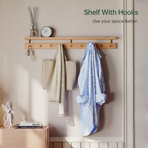 Solid Wood Wall Hooks with Shelf, Coat Rack Wall Mount, Entryway Hanging Shelf with 9 Brass Hooks for Hats, Clothes, Towels, Bags, Beech Wood, Natural - Image 4