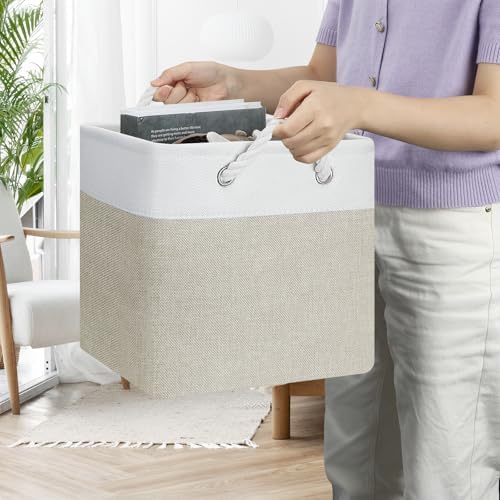 Posprica 11×11 Storage Cubes, Collapsible Storage Bins Organizer for Closet, Fabric Storage Box with Cotton Rope Handles, Decorative Storage Baskets for Shelves, set of 6 - White/Coffee - Image 6